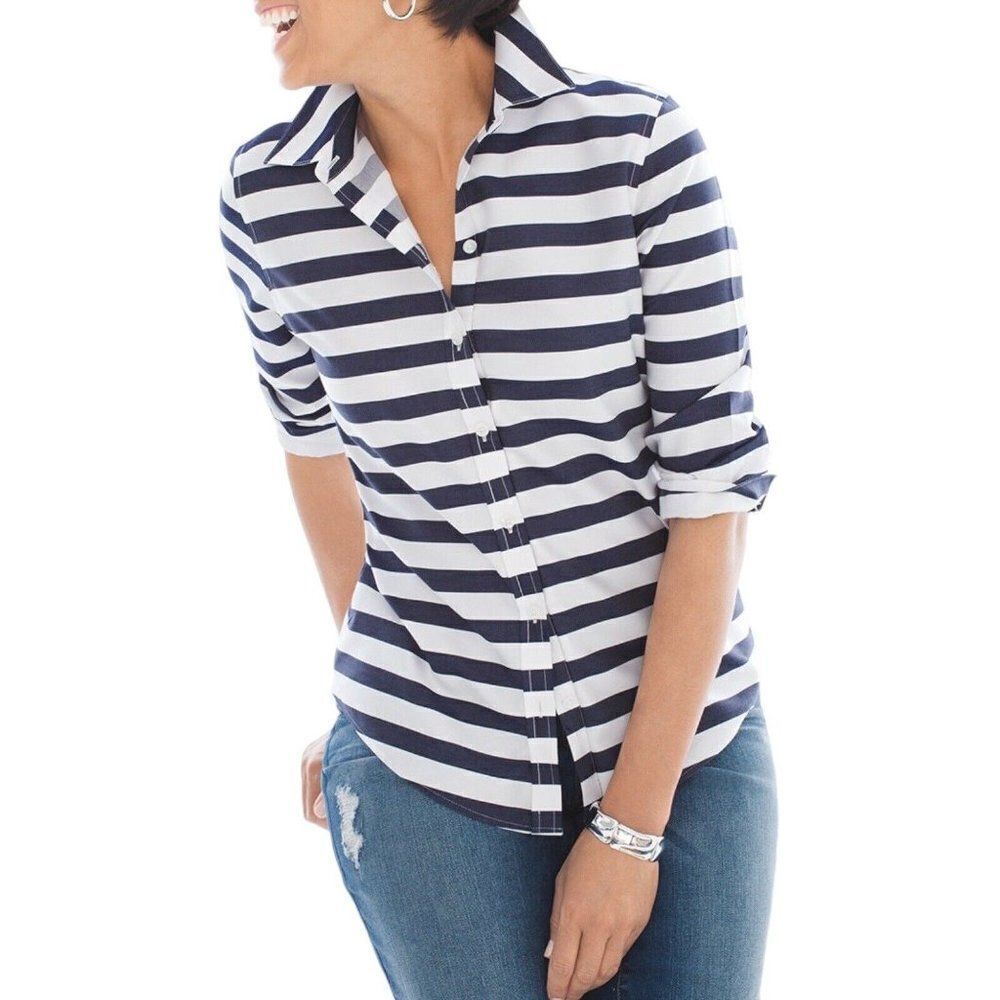 Chico’s Shirt WMNS XL Blue Horizontal-Stripe Beatrice Button Up Coastal Nautical